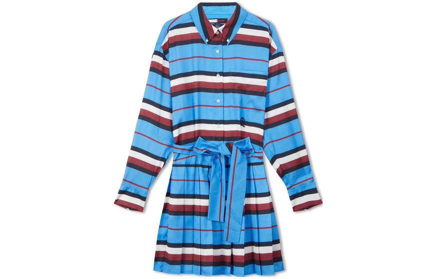 Order (W) 汤米·希尔费格 条纹褶皱提花长袖连衣裙 红/白/蓝 WW0WW38662-C4G