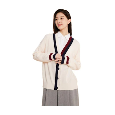 (Women) Tommy Hilfiger V-Neck Colorblock Cardigan Sweater Off-White. WW0WW39535-YBL