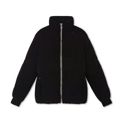 (Women) Tommy Hilfiger Velvet Puffer Jacket Black - Embroidered Relaxed Fit WW0WW40242