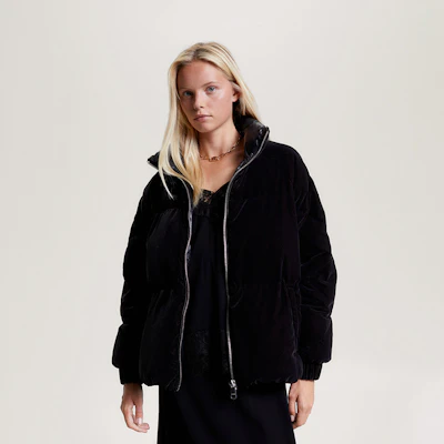 (W) 汤米希尔费格黑色天鹅绒刺绣宽松版羽绒夹克 WW0WW40242 Shop (W) 汤米希尔费格黑色天鹅绒刺绣宽松版羽绒夹克 WW0WW40242