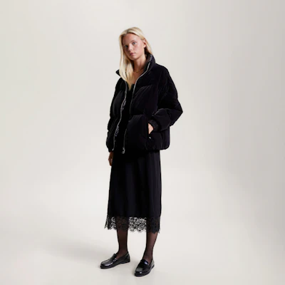 (W) 汤米希尔费格黑色天鹅绒刺绣宽松版羽绒夹克 WW0WW40242 Details for (W) 汤米希尔费格黑色天鹅绒刺绣宽松版羽绒夹克 WW0WW40242