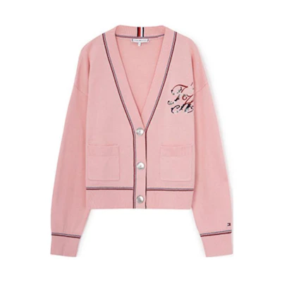 (Women) Tommy Hilfiger Capsule Embroidered V-Neck Button Knit Cardigan Women Pink WW0WW38503-TMJ