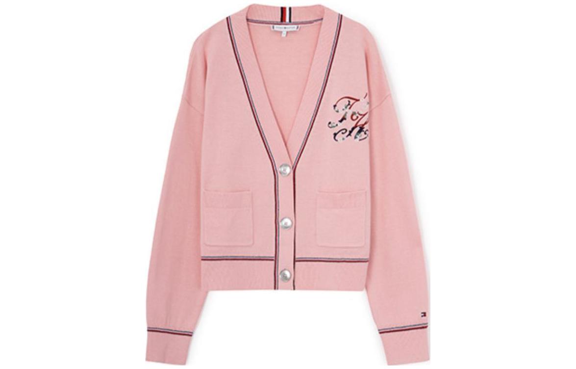 Order (W) Tommy Hilfiger Baju Sejuk Butang Leher V Wanita Pink WW0WW38503-TMJ