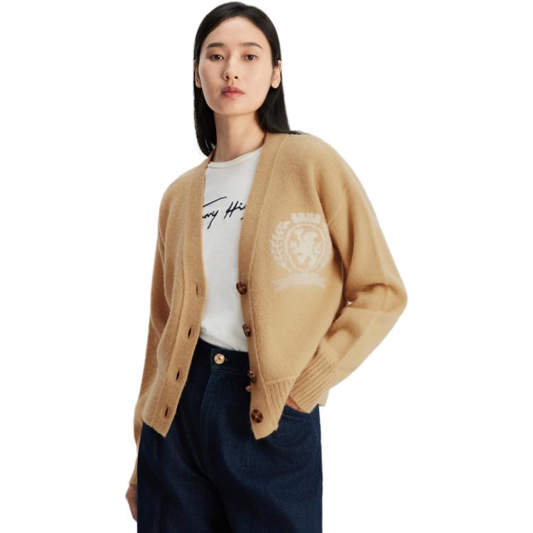 Lookbook (W) Tommy Hilfiger Jacquard V-Neck Loose Knit Sweater Wanita Coklat. WW0WW39522-ACA