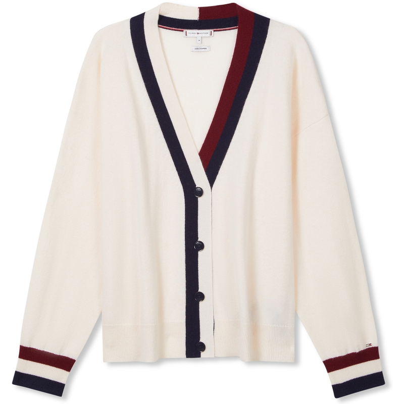 (Women) Tommy Hilfiger Retro College Colorblock Knit Cardigan Women’s Cream White. WW0WW39535