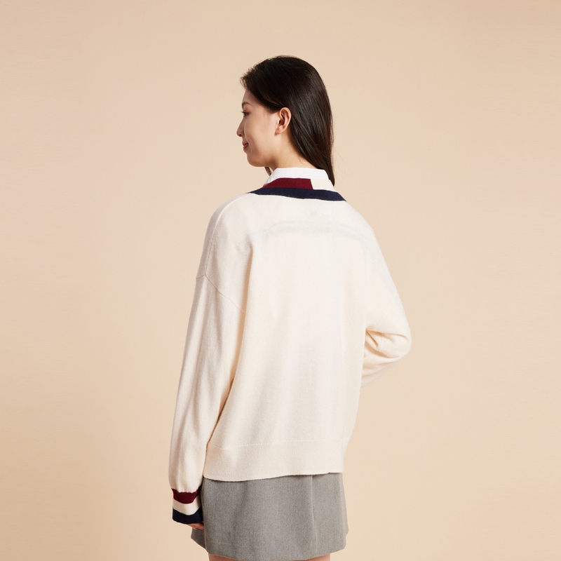 Purchase (W) Tommy Hilfiger Retro College Cardigan Wanita Colorblock Krim Putih. WW0WW39535