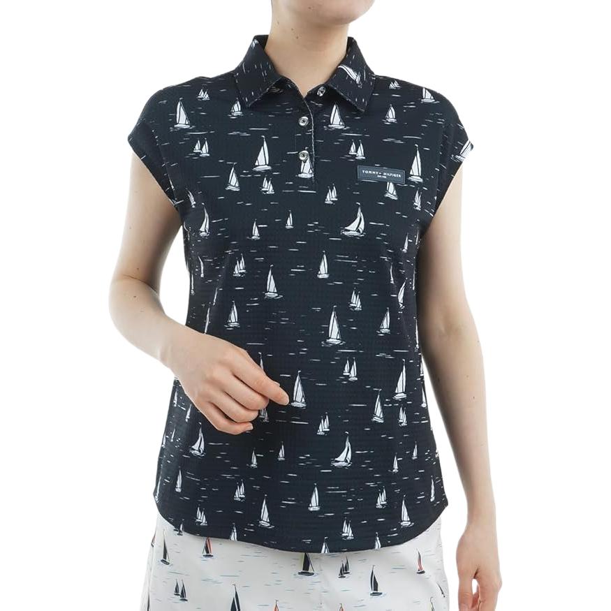 (Women) Tommy Hilfiger Short Sleeve Button-Up Golf Polo Shirt All-Over Print THLA520-NVY
