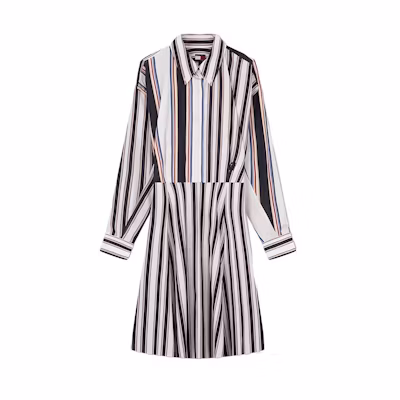 (Women) Tommy Hilfiger CLOT SS24 Colorblock Striped Polo Long Sleeve Dress Navy . WW0WW41649-0K4