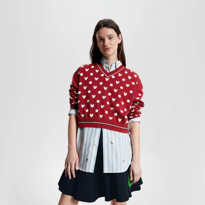 (W) 汤米希尔费格 x 迪士尼 红色宽松V领针织毛衣. WW0WW38827XIT Shop (W) 汤米希尔费格 x 迪士尼 红色宽松V领针织毛衣. WW0WW38827XIT