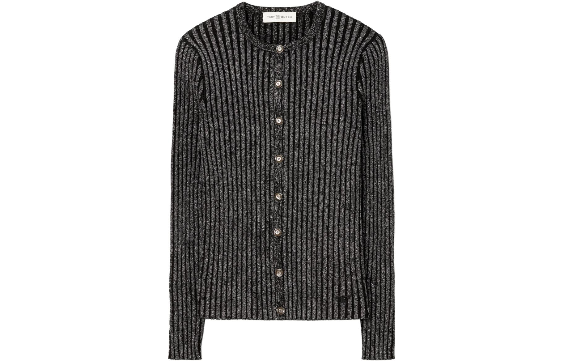 (Women) Tory Burch  Black Striped Button-Crewneck Long-Sleeve Sweater. 85850-001