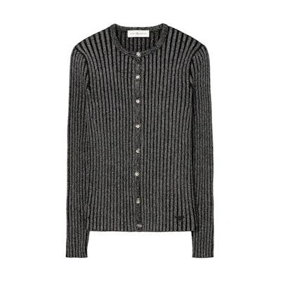 (Women) Tory Burch Black Striped Button-Crewneck Long-Sleeve Sweater. 85850-001