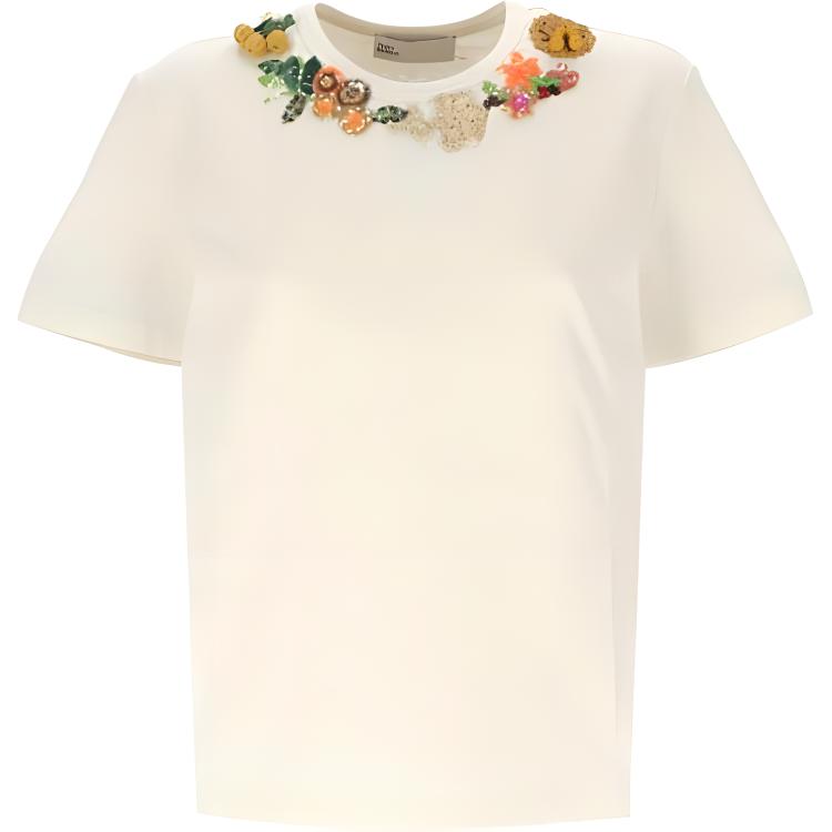 Order (W) Tory Burch Floral Crewneck Kaos Lengan Pendek Gading. 161565-106