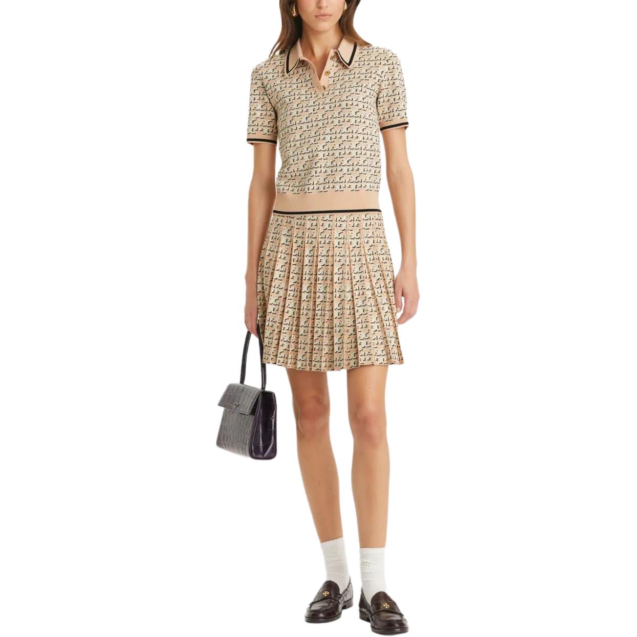 Lookbook (Women) TORY BURCH  Pleated Mini Skirt with Logo Print in Sand Beige. 160556-650