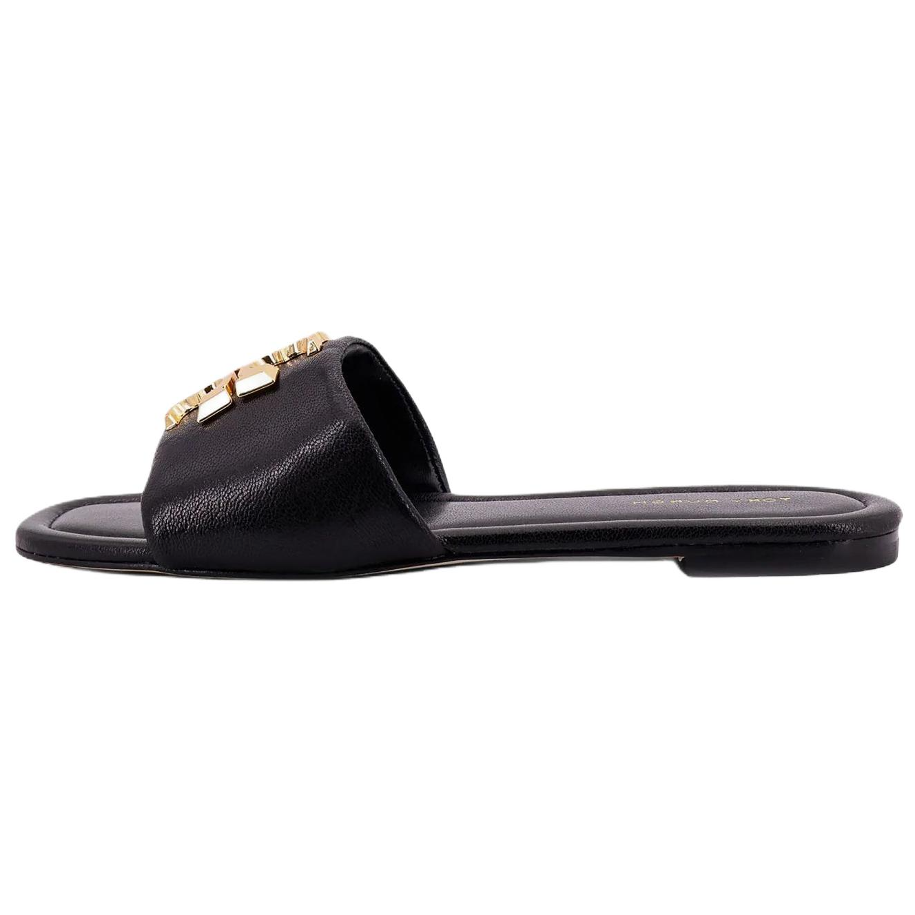 (Women) Tory Burch Eleanor Black Leather Square-Toe Flat Slide Sandals Women 157966-006