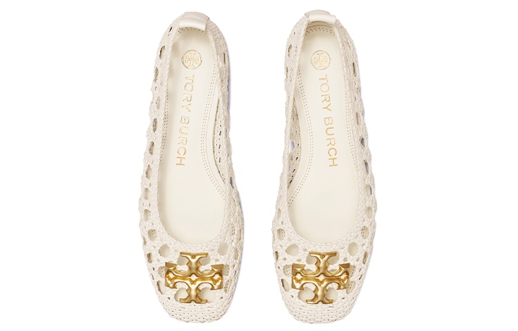 Shop TORY BURCH Eleanor 編織 芭蕾舞平底鞋 女款 象牙白