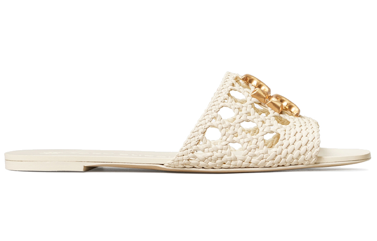 Order (W) TORY BURCH Eleanor Woven Flat Slide 'Ivory' Wanita Kasut Rata 80052-104