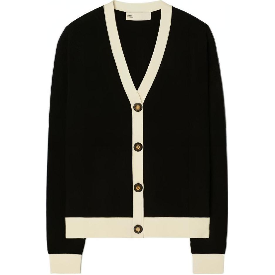 (Women) Tory Burch FW22  Black Knitted Cardigan with Contrast Trim V-Neck. 142492C961