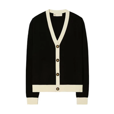 (Women) Tory Burch FW22 Black Knitted Cardigan with Contrast Trim V-Neck. 142492C961