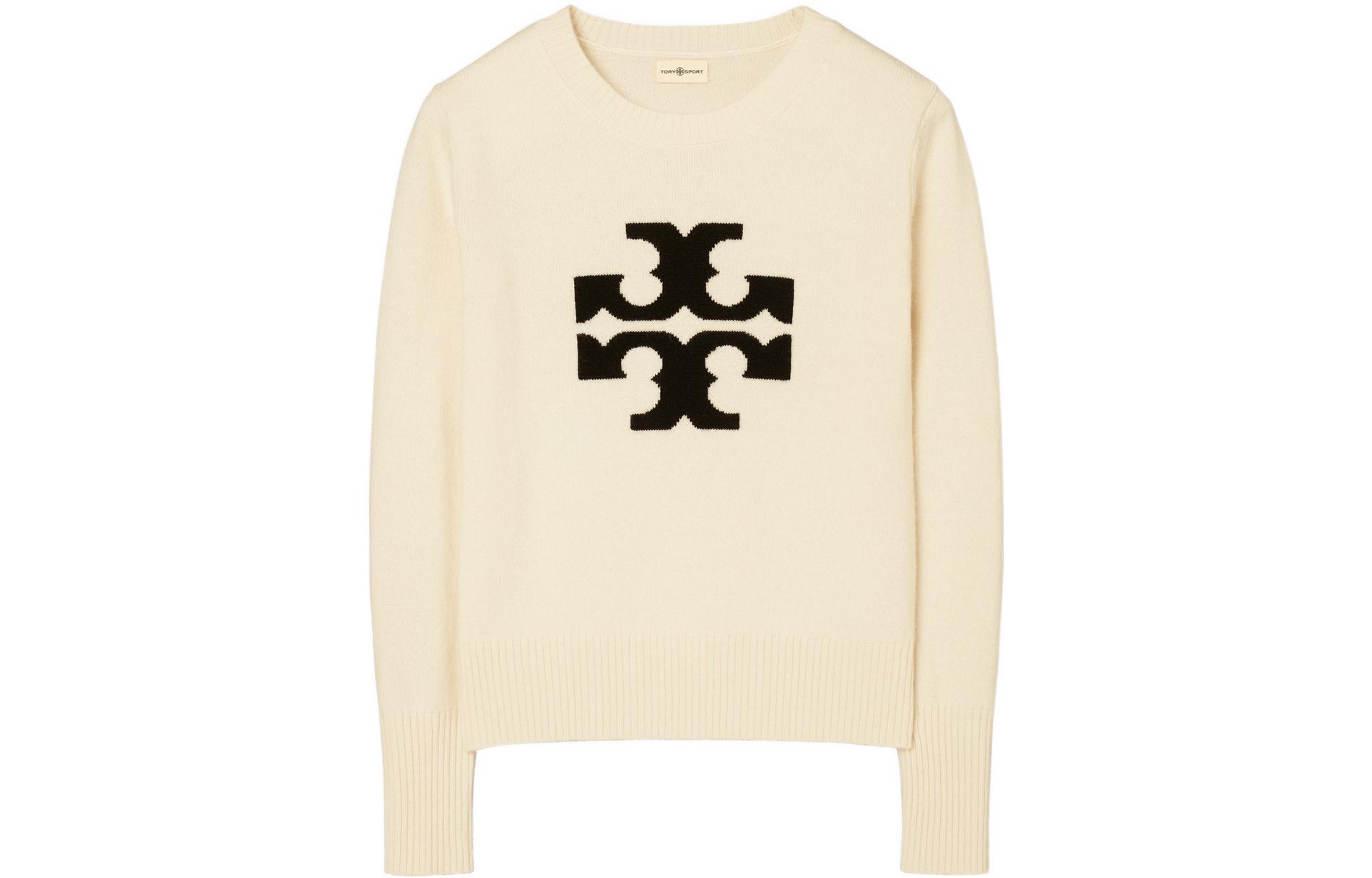 (Women) Tory Burch FW22  Cream White Logo Jacquard Cashmere Sweater. 83213-285-WH