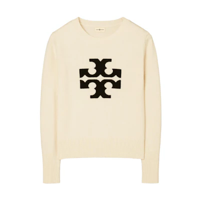 (Women) Tory Burch FW22 Cream White Logo Jacquard Cashmere Sweater. 83213-285-WH