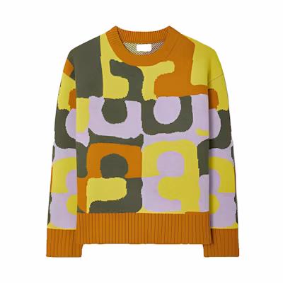 (Women) TORY BURCH FW22 Lemon Yellow Geometric Knit Long Sleeve Sweater. 139778-713