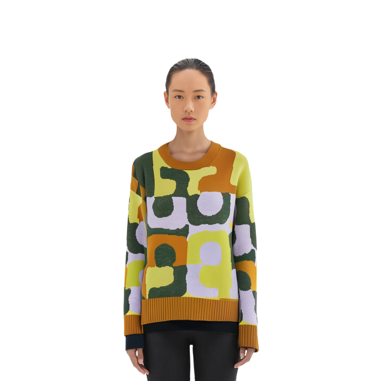 Shop (W) TORY BURCH FW22 Lemon Yellow Sweater Rajut Geometris Lengan Panjang. 139778-713
