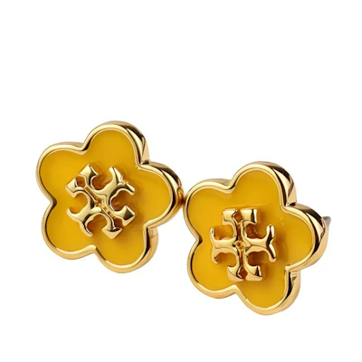 (Women) Tory Burch Kira Double T Logo Floral Brass Stud Earrings for Women 147151-700