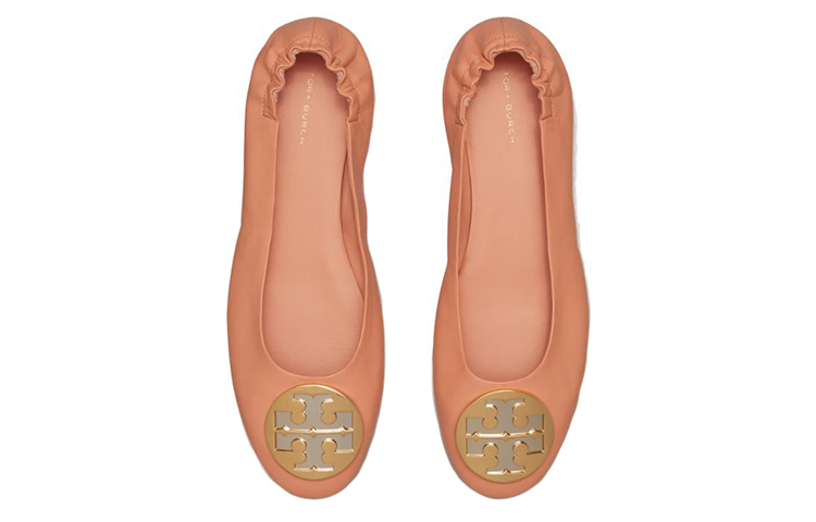 Shop TORY BURCH 皮革 圓頭 徽標 平底鞋 女款 橙色