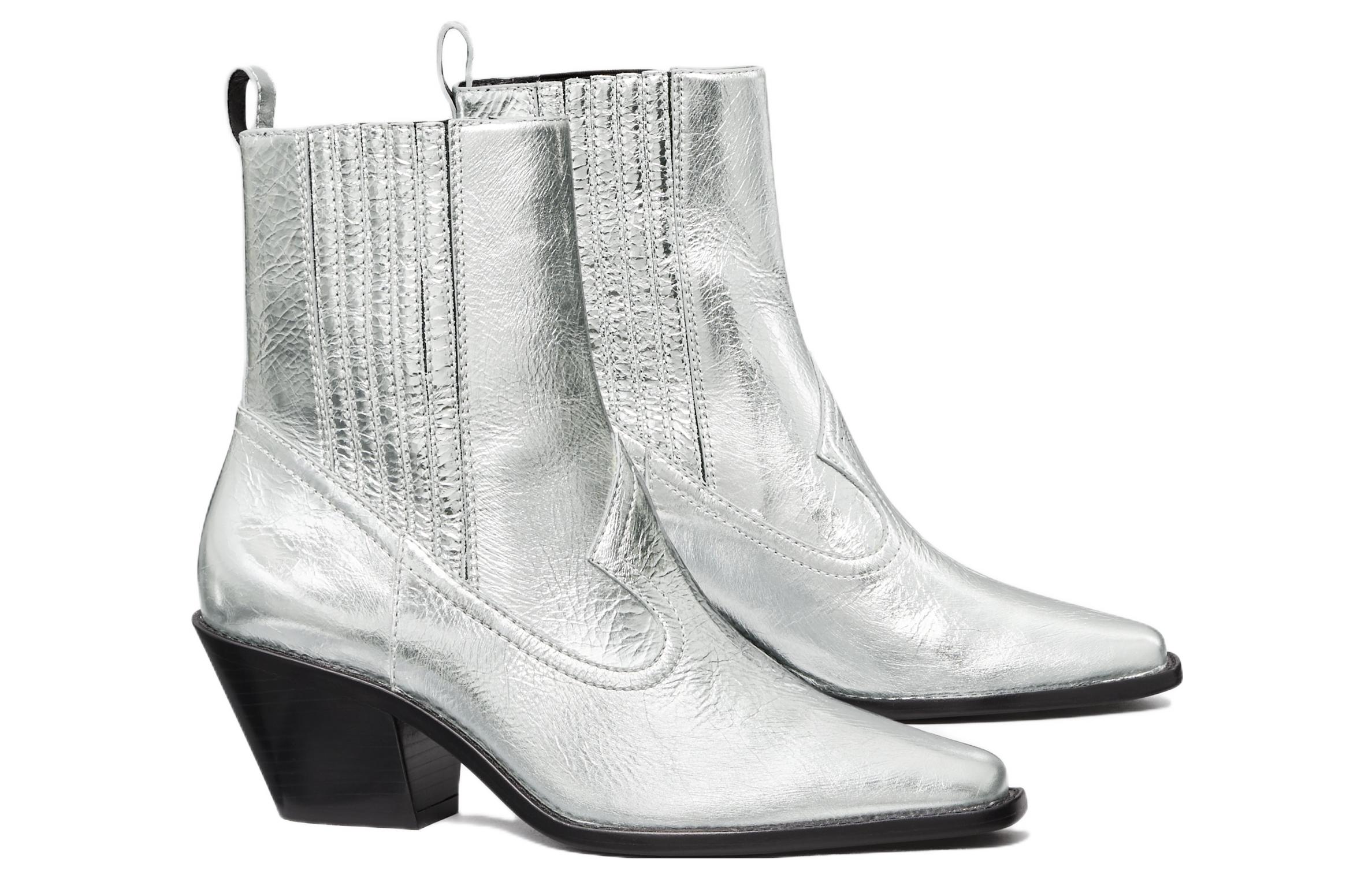 Lookbook (W) TORY BURCH Tumit Blok Boot Kulit 'Silver' 146028-040