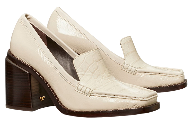 Lookbook TORY BURCH 皮革 鱷魚壓紋 方頭 粗跟 高跟鞋 女款 白色