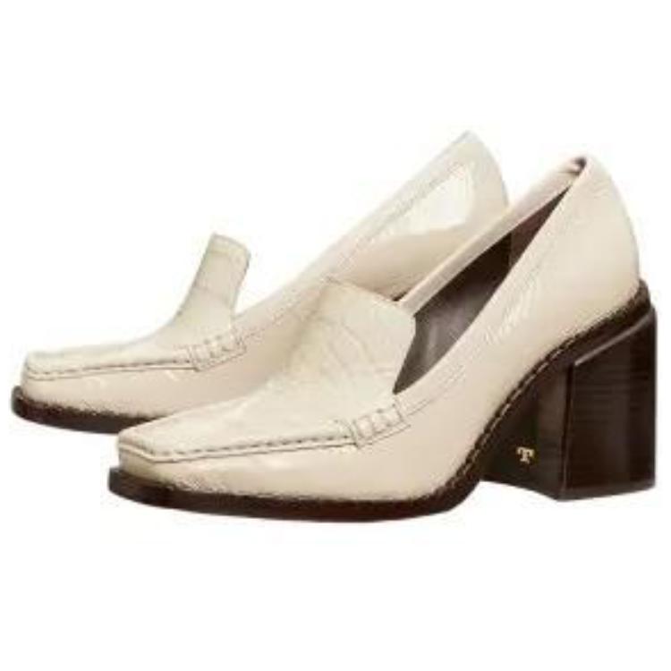 Shop TORY BURCH 皮革 鱷魚壓紋 方頭 粗跟 高跟鞋 女款 白色