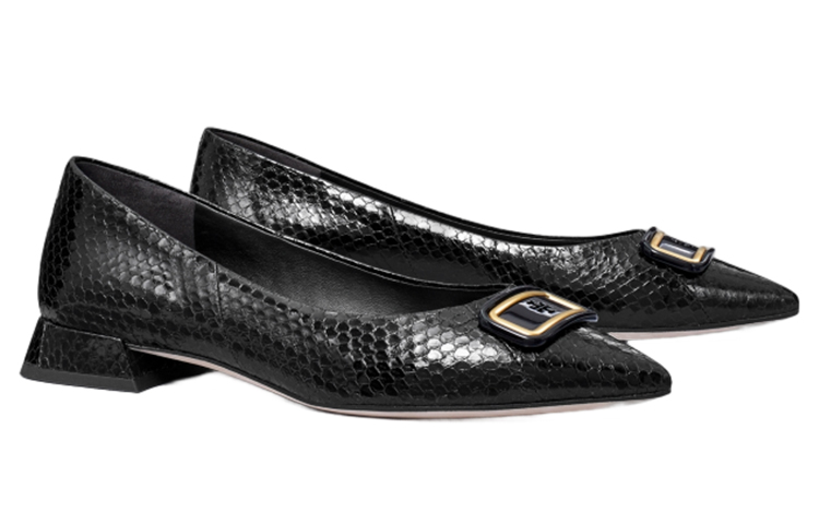 Order (W) TORY BURCH Kulit Flat Hujung Tajam 'Logo Hitam' 146414-006