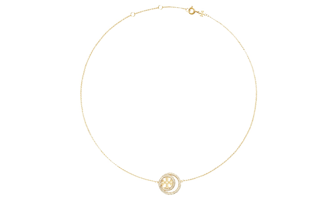 Lookbook (Women) Tory Burch Logo Design Crystal Glass Brass Necklace Gold for Women. 157225-783