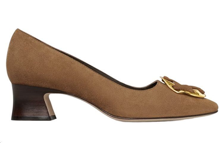 (W) TORY BURCH Logo Suede Mid-Heel Pump 'Brown' 圖 2