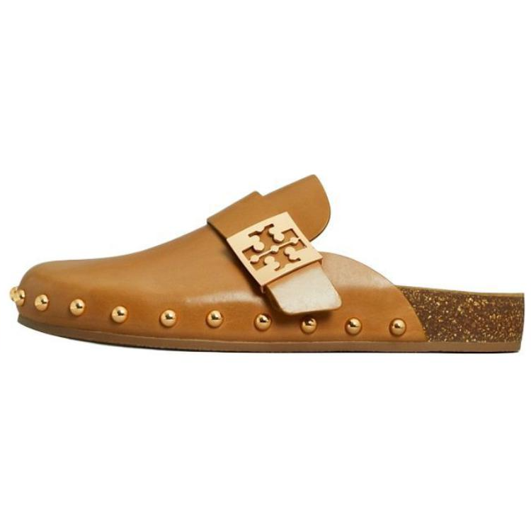 (Women) TORY BURCH Mellow Mule Leather Closed-Toe Clog Slippers Brown 154448-776