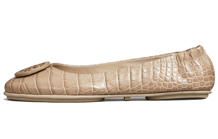 (W) TORY BURCH Minnie Travel 'Embossed Leather Ballet Flat - Taupe'
