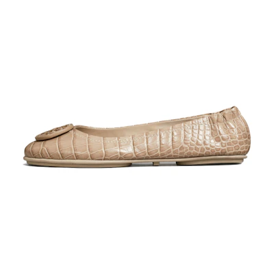 (W) TORY BURCH Minnie Travel 'Embossed Leather Ballet Flat - Taupe'