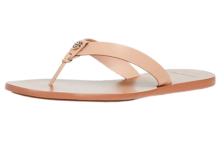(Women) Tory Burch Nude Leather Logo Flat Thong Sandals Flip Flops. 53653-267