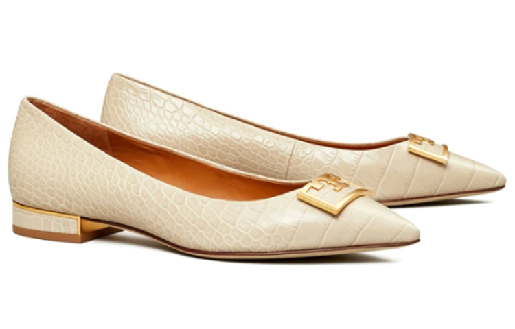 (W) TORY BURCH Pointed-Toe Leather Flats 'Beige' 圖 4
