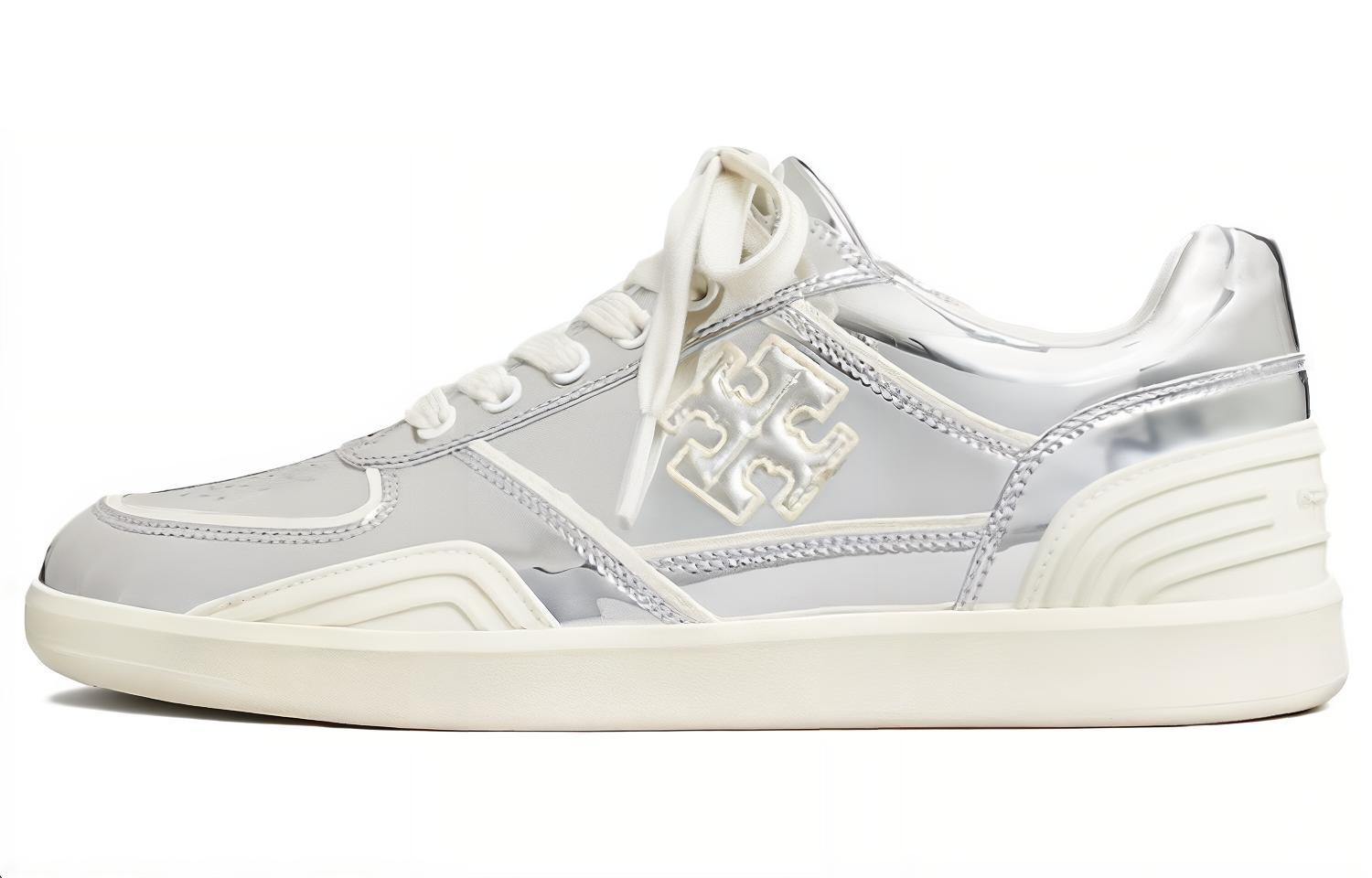 (Women) Tory Burch Silver Leather Low-Top Casual Sneakers. 152960-020