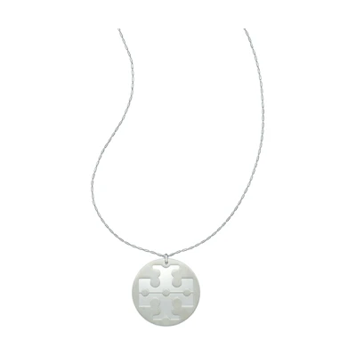 (Women) TORY BURCH Silver Logo Round Pendant Brass Necklace for Women 147182