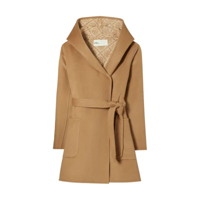 (Women) Tory Burch Solid Color Hooded Long Sleeve Belted Coat Camel Color 153871-252