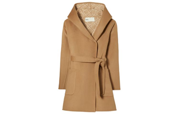 Order (Women) Tory Burch Solid Color Hooded Long Sleeve Belted Coat  Camel Color 153871-252