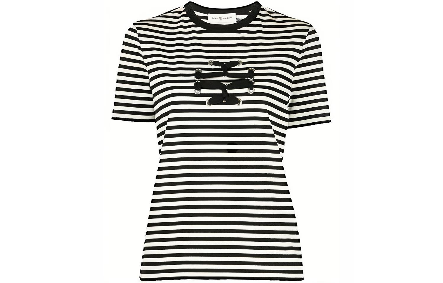 (Women) Tory Burch SS22  Striped Crewneck Pullover T-Shirt Black White 135575-C005