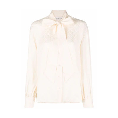 (Women) Tory Burch SS22 Beige Bow Tie Long Sleeve Jacquard Shirt. 87278-267