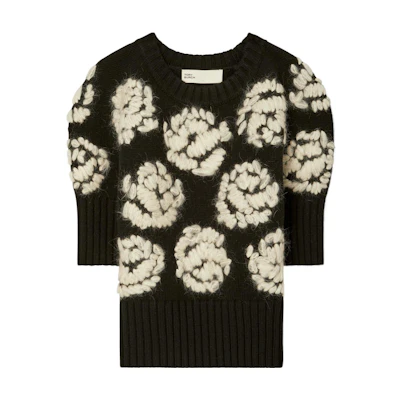 (Women) TORY BURCH SS23 Black Rose Embroidered Jacquard Cashmere Sweater. 145845-001