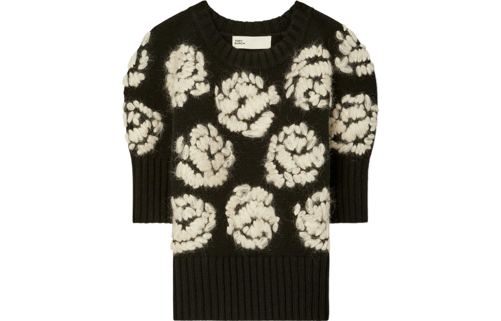 Order (W) TORY BURCH SS23 黑色玫瑰刺繡提花羊絨毛衣 145845-001