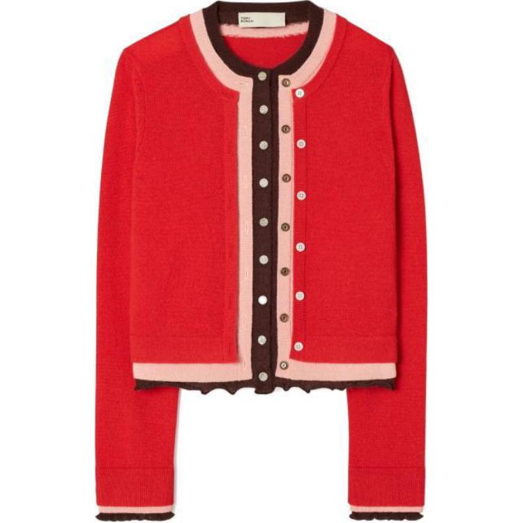 (Women) TORY BURCH SS23  Colorblock Cashmere Knit Sweater Red Long Sleeve 144571-418