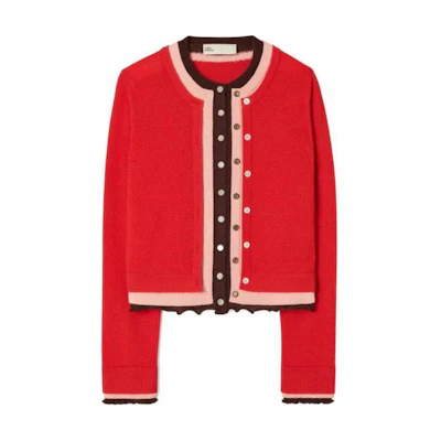 (Women) TORY BURCH SS23 Colorblock Cashmere Knit Sweater Red Long Sleeve 144571-418