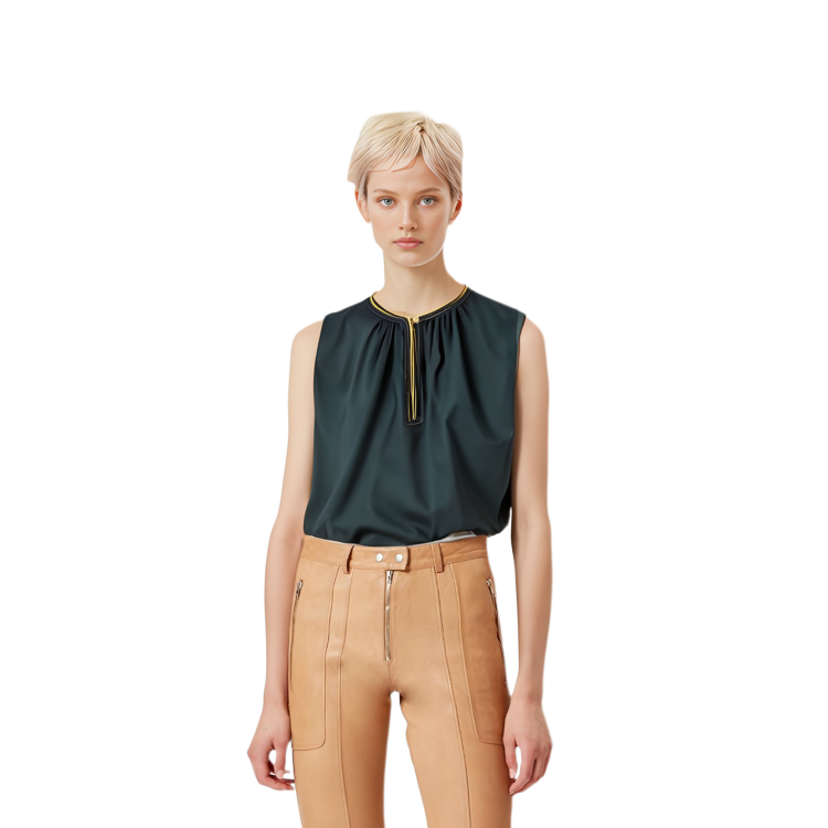 Purchase (Women) Tory Burch SS23  Sleeveless Contrast Trim Casual T-Shirt Green. 74822-309